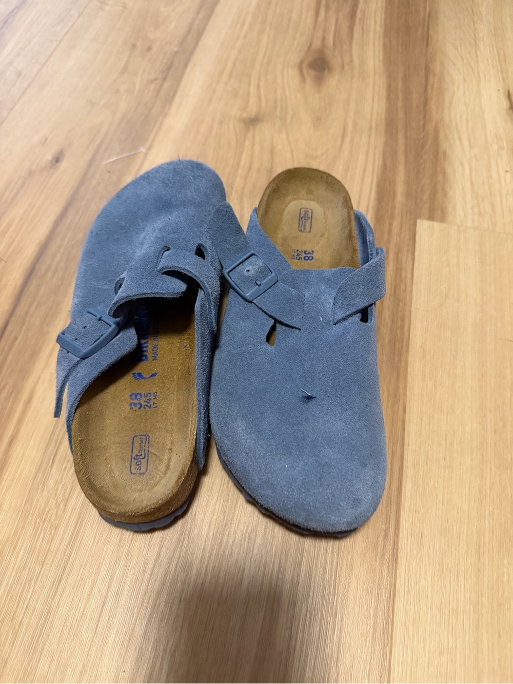 Birkenstock Suede Boston Mules in Baby Blue - like new